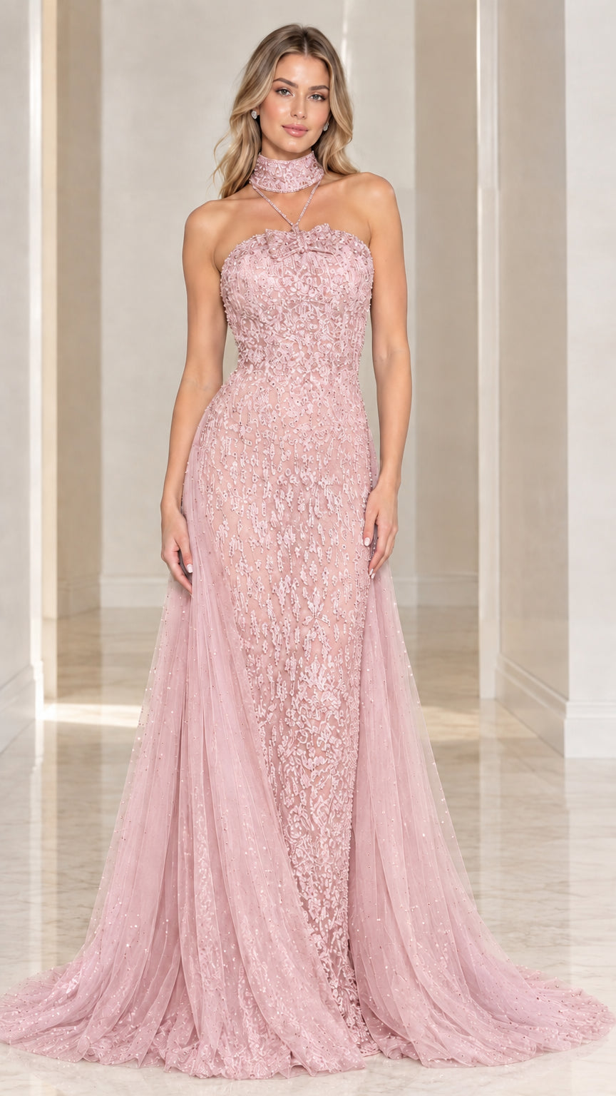 Model wearing Blush Pink embellished lace formal evening gown with choker and train