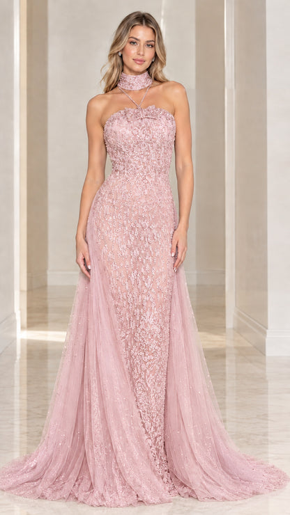 Model wearing Blush Pink embellished lace formal evening gown with choker and train