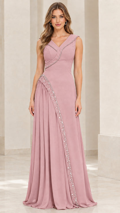 Front view of woman wearing sleeveless dusty rose pink beaded chiffon evening gown