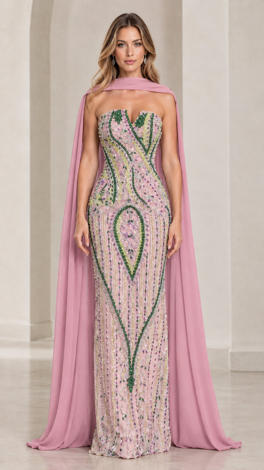 Full-length view of dusty rose pink beaded formal dress with matching pink cape