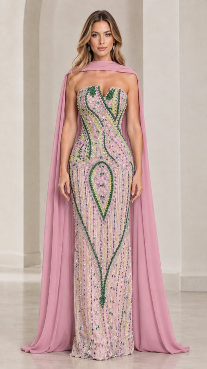 Full-length view of dusty rose pink beaded formal dress with matching pink cape
