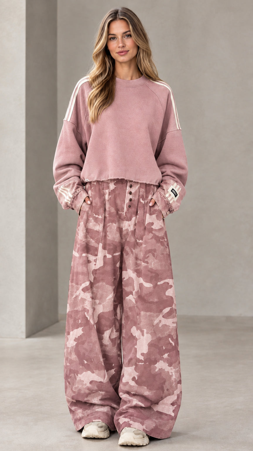 Dusty pink cropped sweatshirt and matching pink camouflage wide-leg pants set