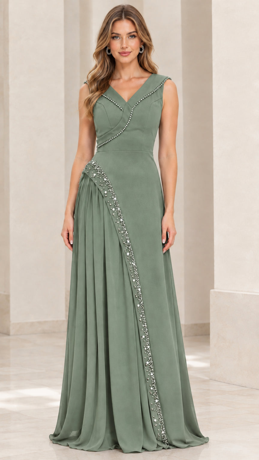 Front view of woman wearing sleeveless sage green beaded chiffon evening gown