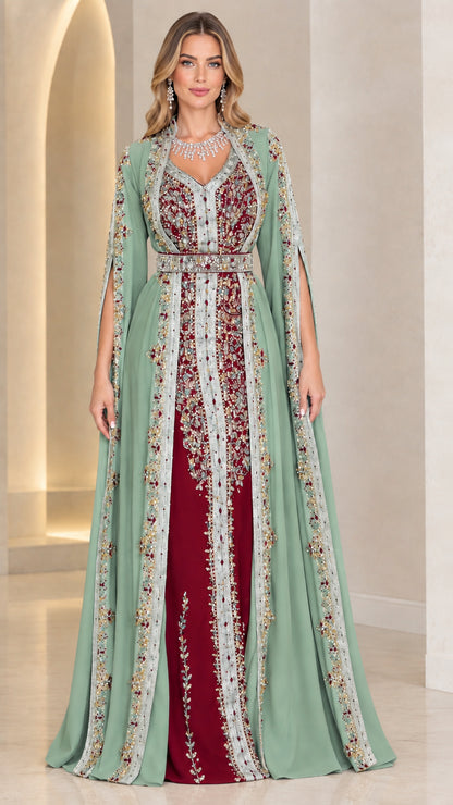Sage Green Embellished Moroccan Kaftan Cape Evening Gown front view