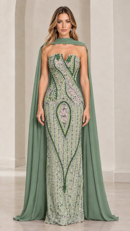 Full-length view of sage green beaded evening gown with draped sage cape