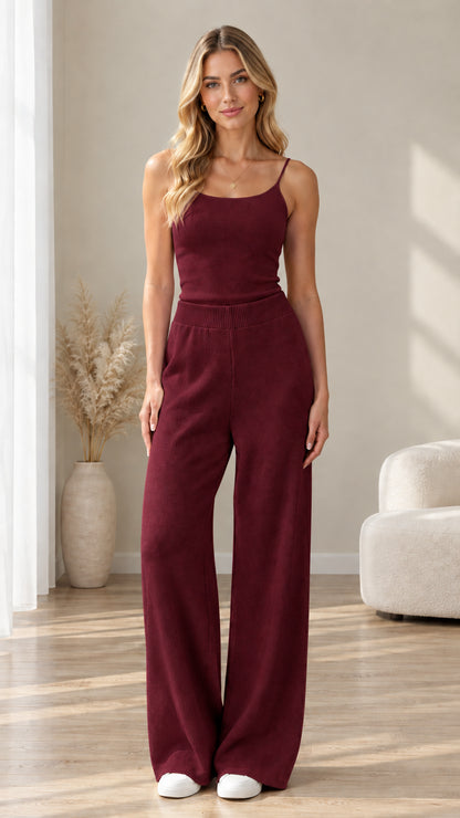 Front view of woman wearing burgundy wine ribbed knit cami and wide-leg pants set