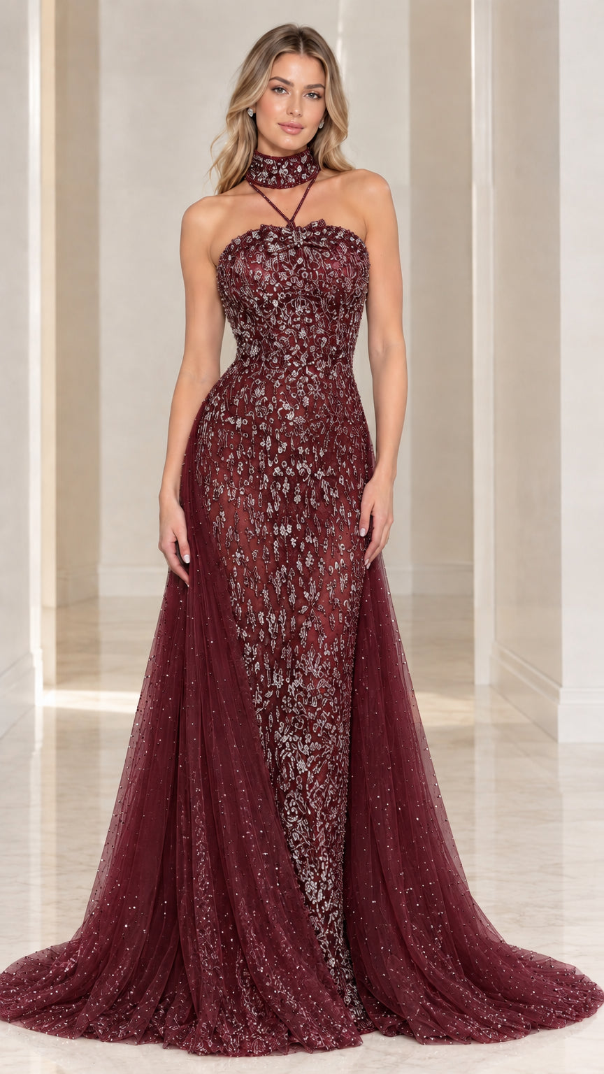 Model wearing Burgundy red embellished lace evening gown with choker and tulle train