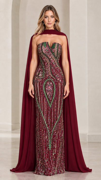 Full-length view of burgundy red beaded column formal dress with matching burgundy cape