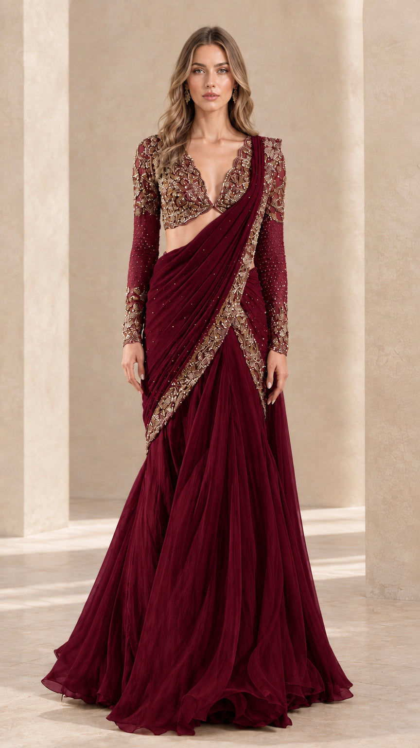 Front view of wine red pre-draped long sleeve saree gown