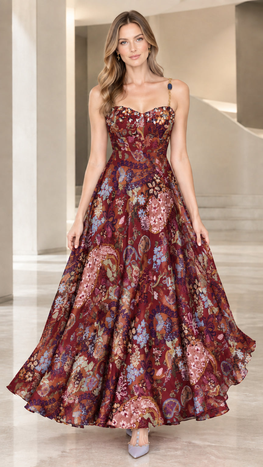 Full-length view of burgundy wine floral print corset maxi dress