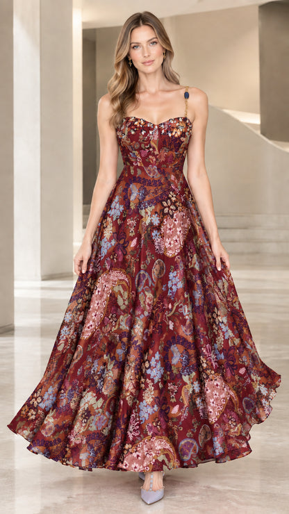 Full-length view of burgundy wine floral print corset maxi dress