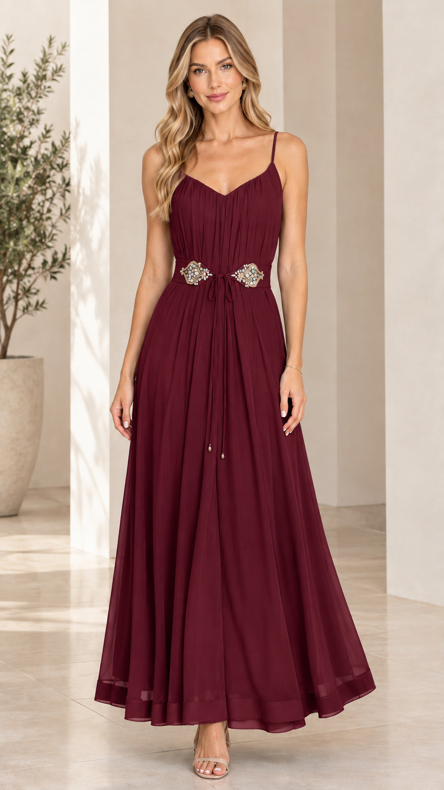Front full-length view of burgundy red spaghetti strap pleated chiffon maxi evening dress