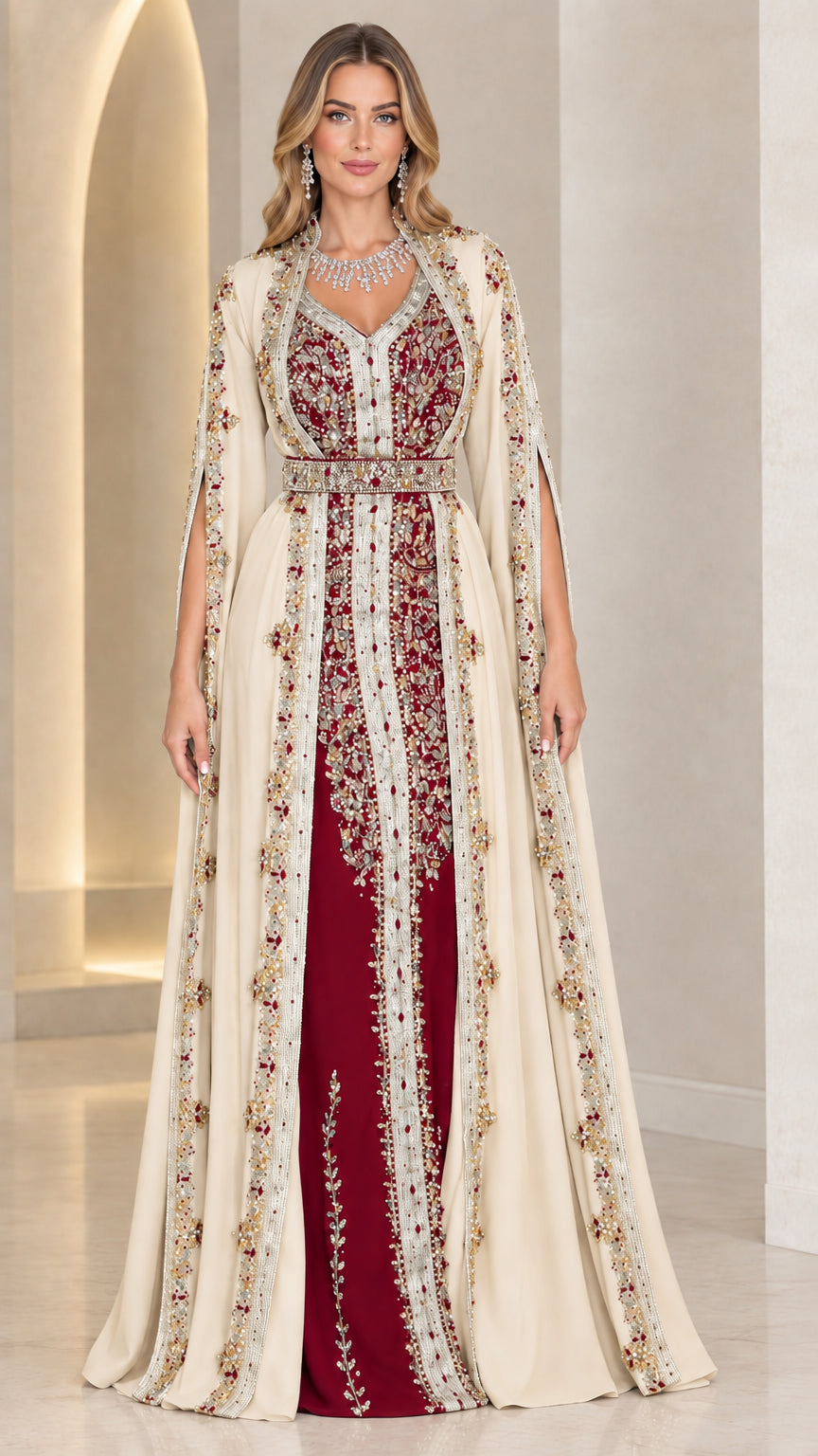 Champagne Embellished Moroccan Kaftan Cape Evening Gown front view