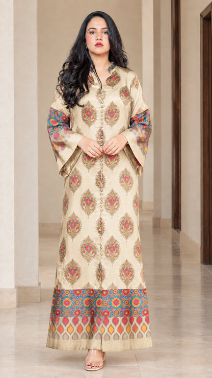 Front full-length view of beige ethnic print maxi kaftan dress