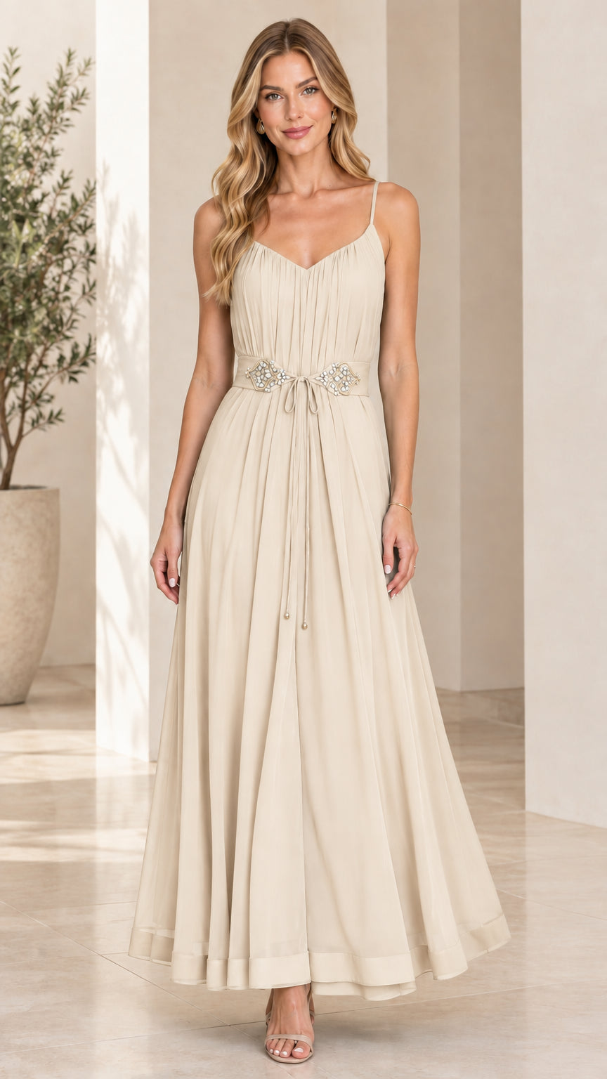 Front full-length view of champagne beige spaghetti strap pleated chiffon maxi evening dress
