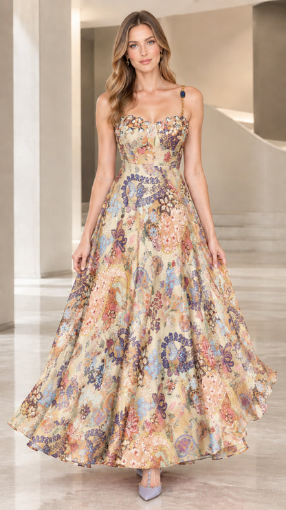 Full-length view of champagne beige floral sweetheart A-line maxi dress