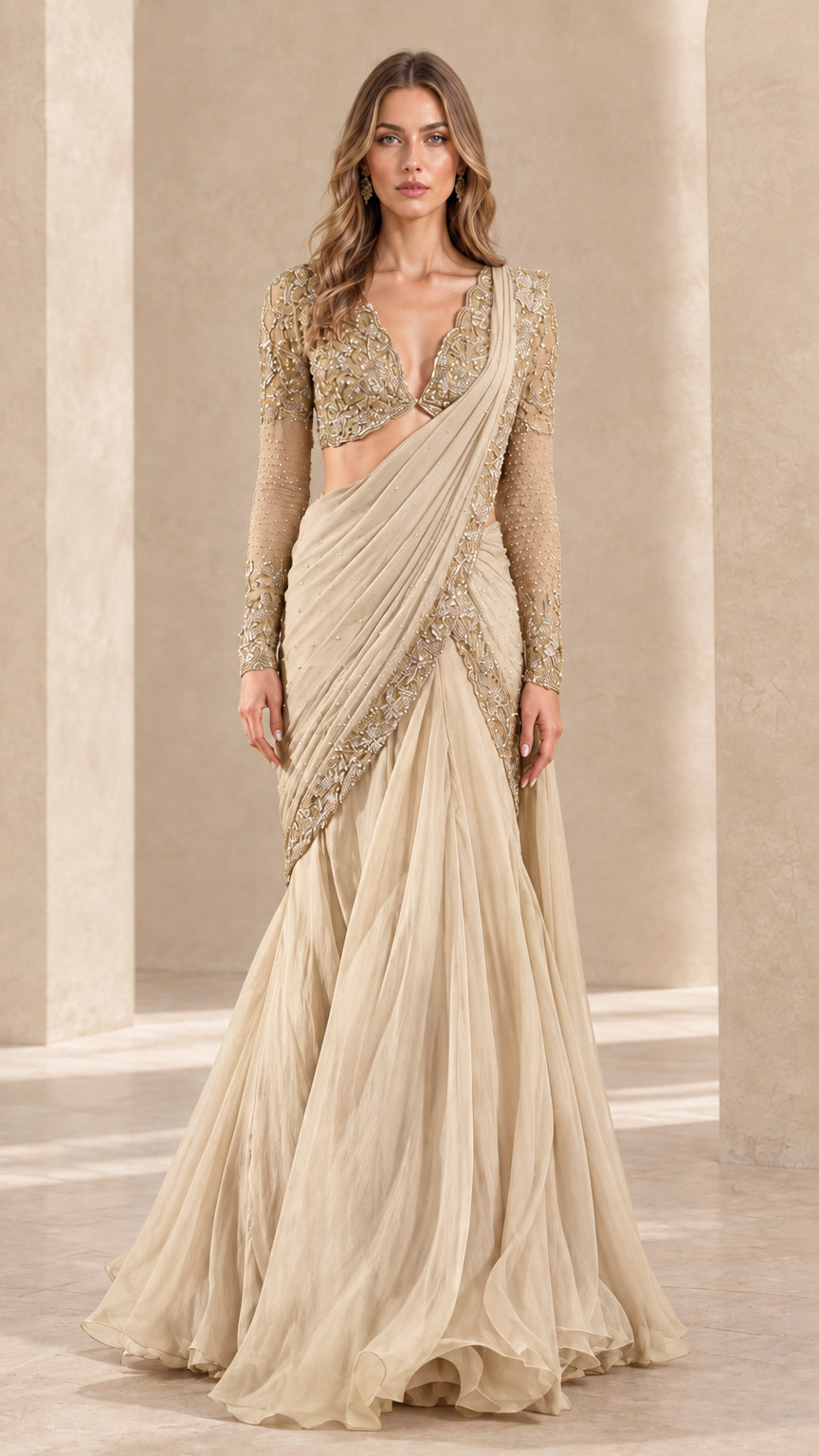 Front view of champagne beige pre-draped embellished fusion saree gown