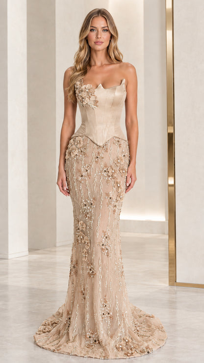 Full-length view of champagne monochrome strapless corset formal gown