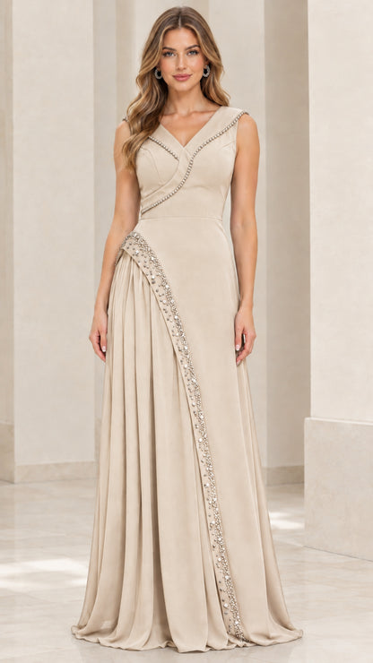 Front view of woman wearing sleeveless champagne beige beaded chiffon evening gown